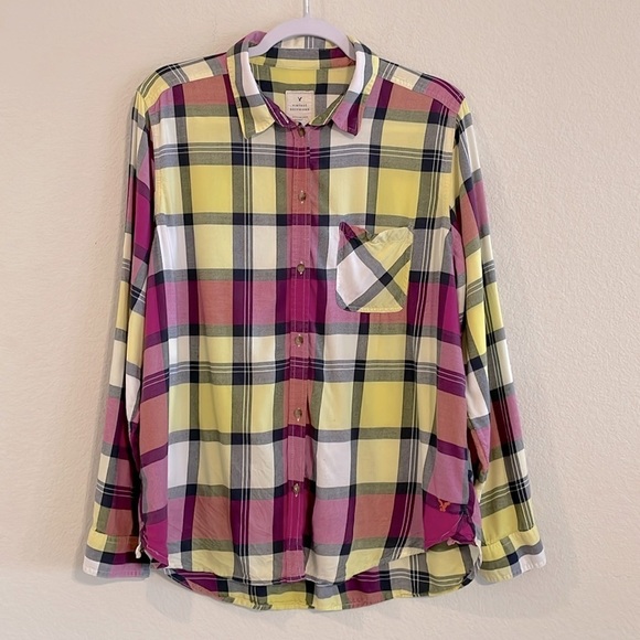 American Eagle Women’s Button Front Extra Large Purple Plaid Vintage Boyfriend - Picture 1 of 14